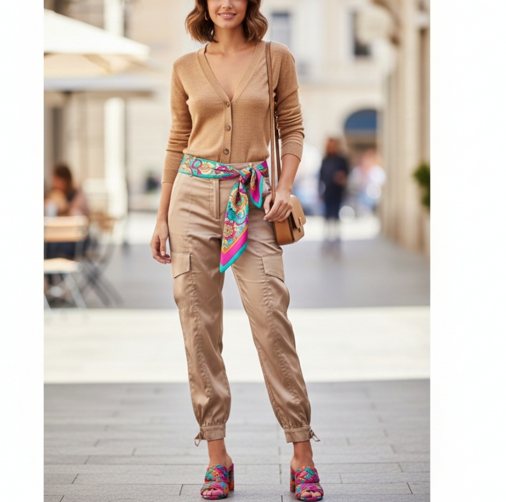 Zara Tan Ankle Pants with Colorful Accents